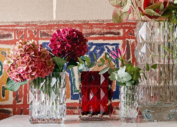 Baccarat Glassware with flowers lined up