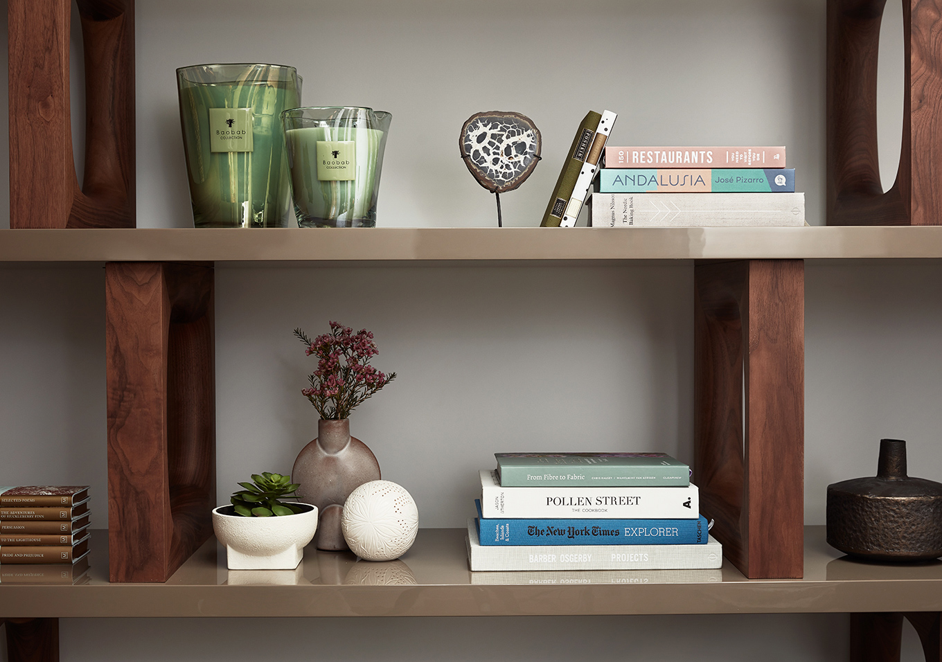 shelves with books, candles and plant