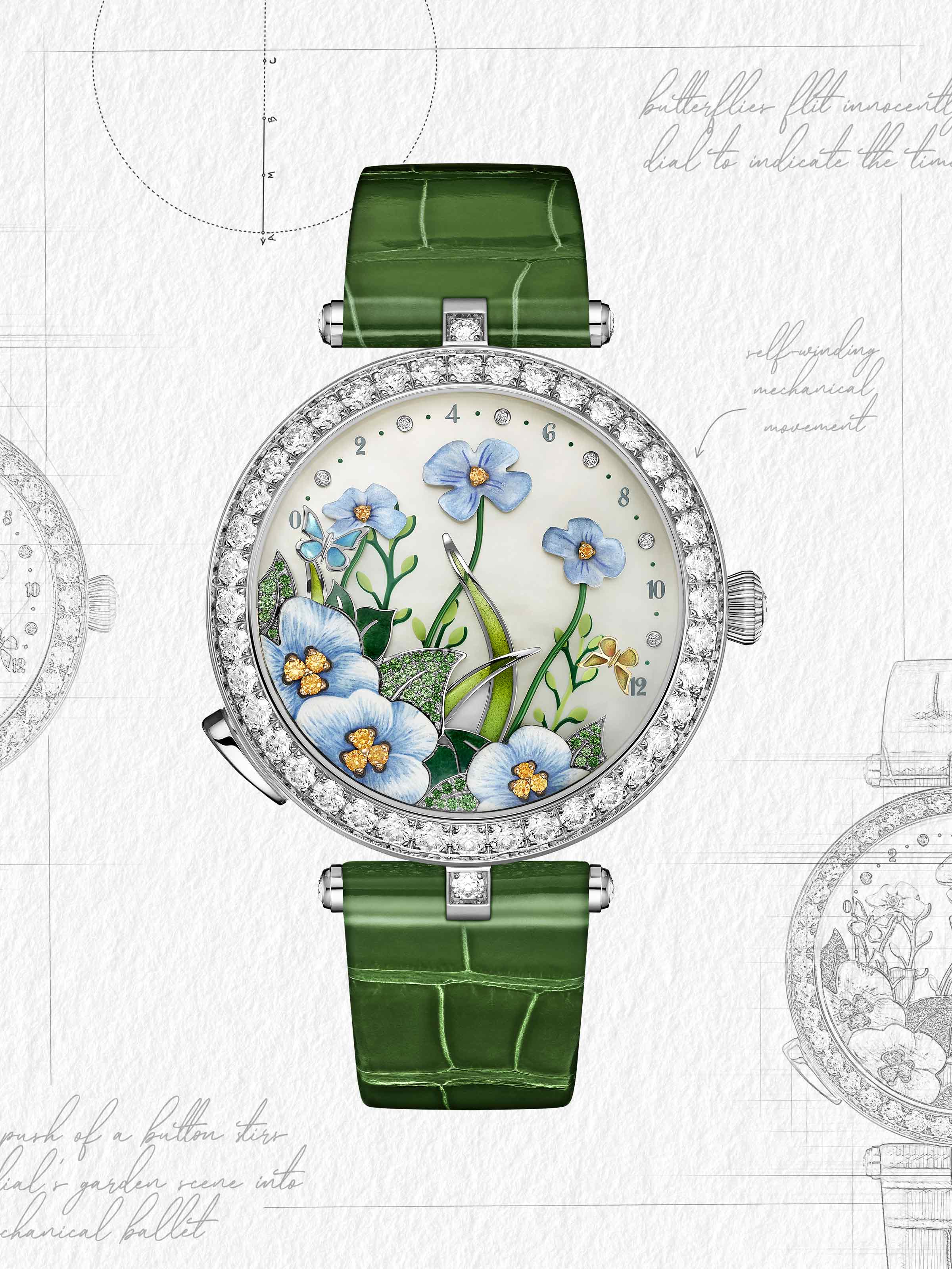 Sketch of Van Cleef & Arpels Lady Arpels Brise d’Été watch, with green strap and floral enamel dial