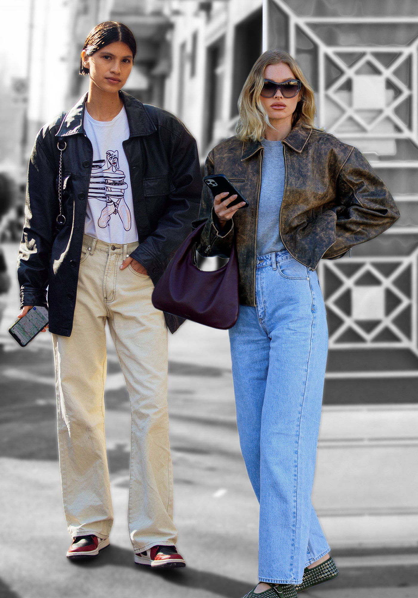 Collaged images showing a fashion week guest and Elsa Hosk wearing collared leather jackets with T-shirts and jeans