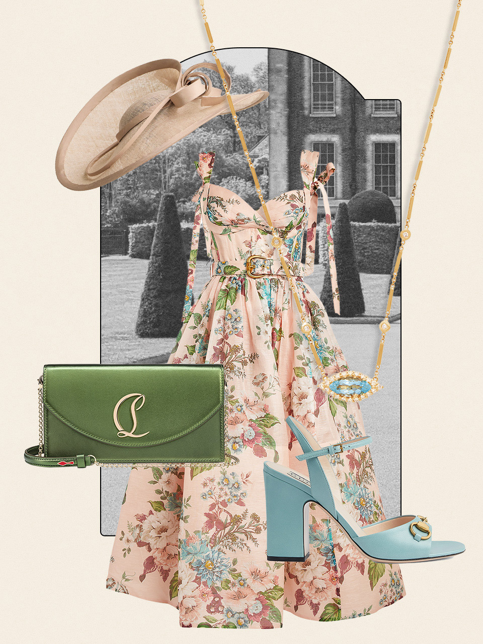 What to wear to a British country wedding: Zimmermann dress, Vivien Sheriff hat, Gucci sandals, Simone Rocha bag, Sophie Bille Brahe earrings