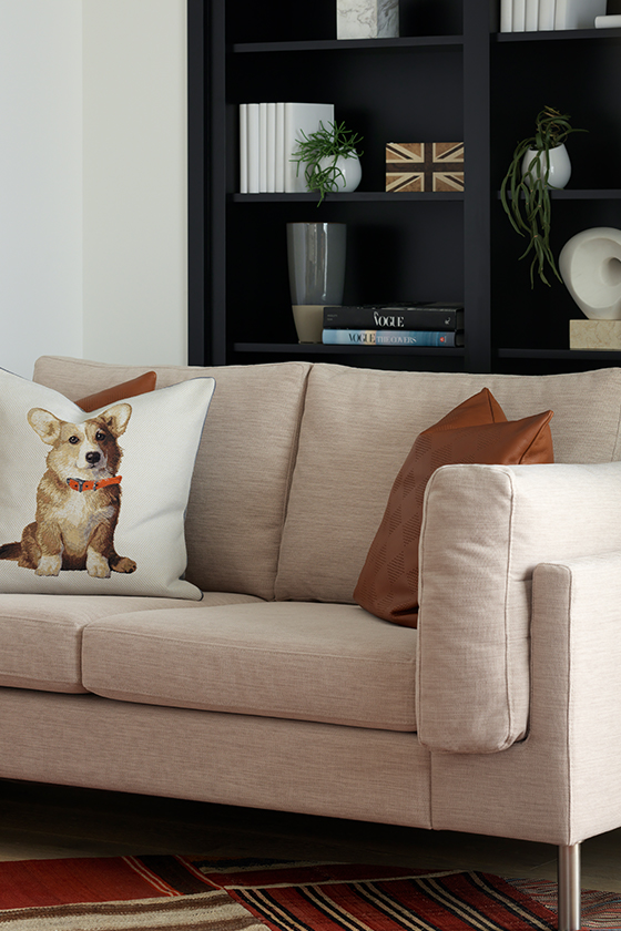 Two seater cream sofa with a corgi pillow and dark coloured bookcase in the background