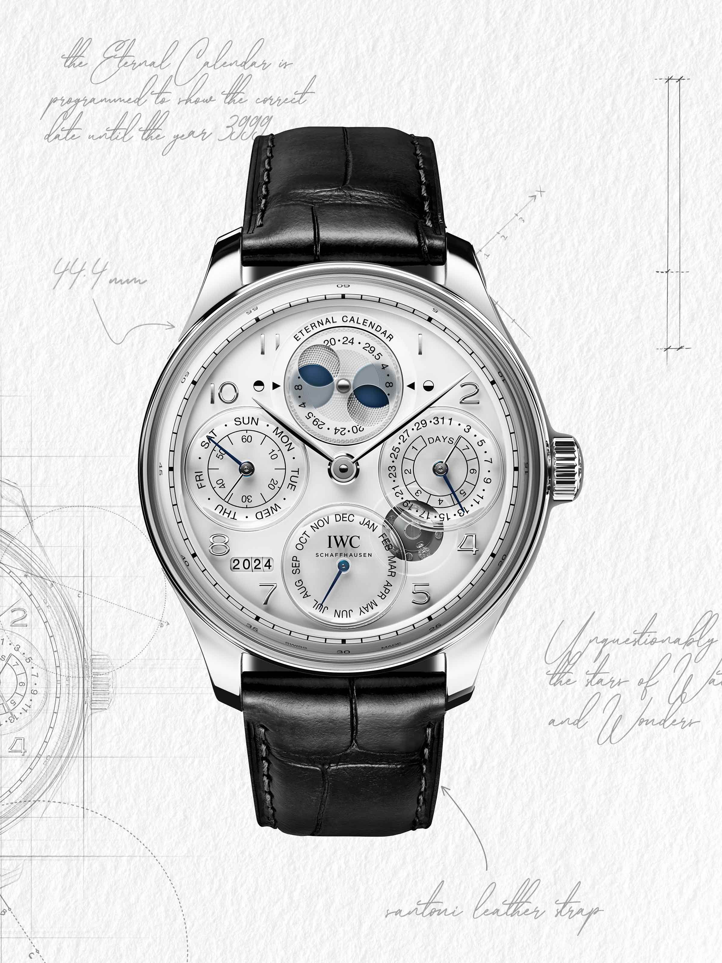 Sketch of IWC Schaffhausen Portugieser Eternal Calendar in platinum with black leather strap