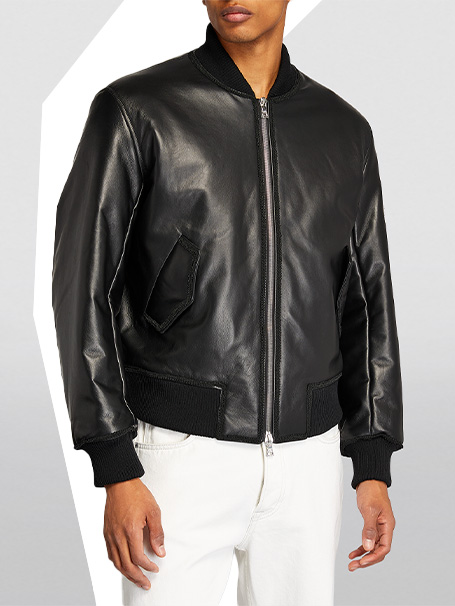 Male model wears black leather bomber jacket