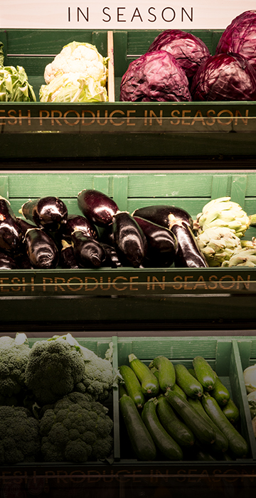 In season selection within store including savoy cabbage, aubergine and butternut