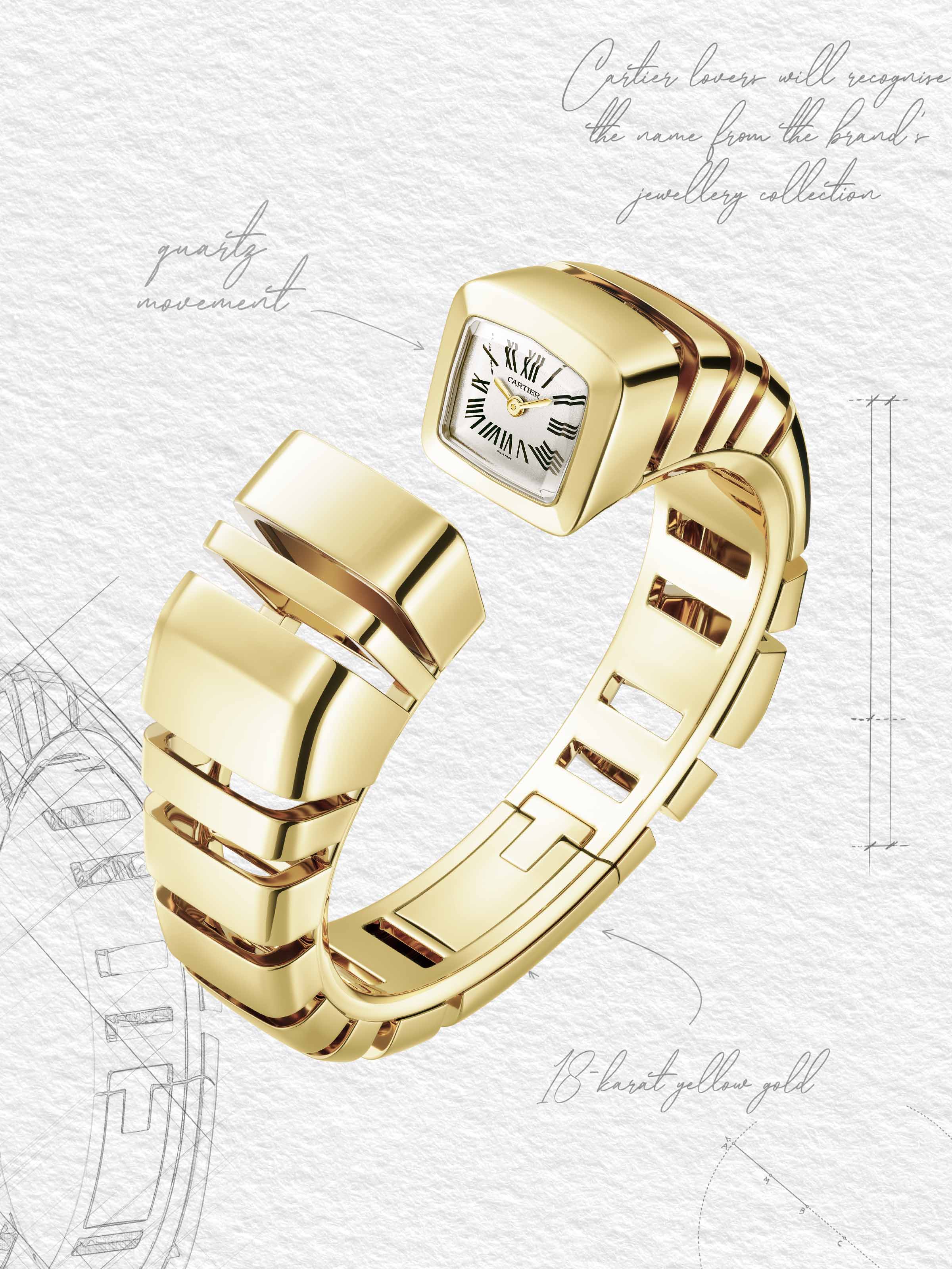 Sketch of Cartier Reflection de Cartier cuff watch in 18-karat yellow gold