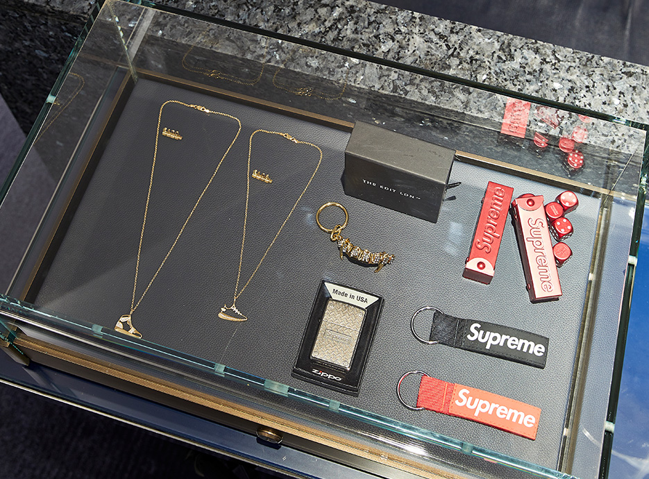 Accessories in a display cabinet in The Edit LDN boutique