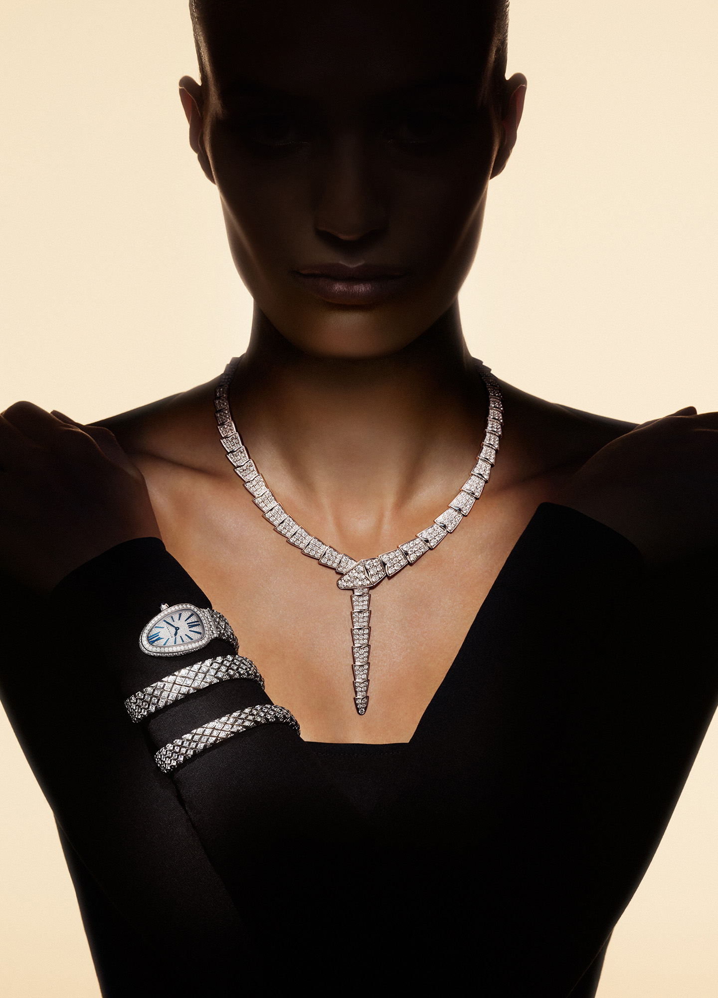 Model wearing Bulgari Serpenti jewellery