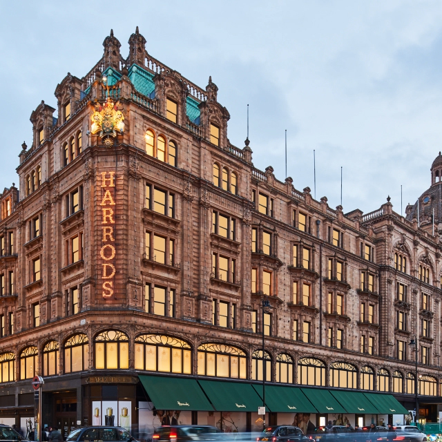 Rainbow animation revealing the iconic Harrods Knightsbridge store