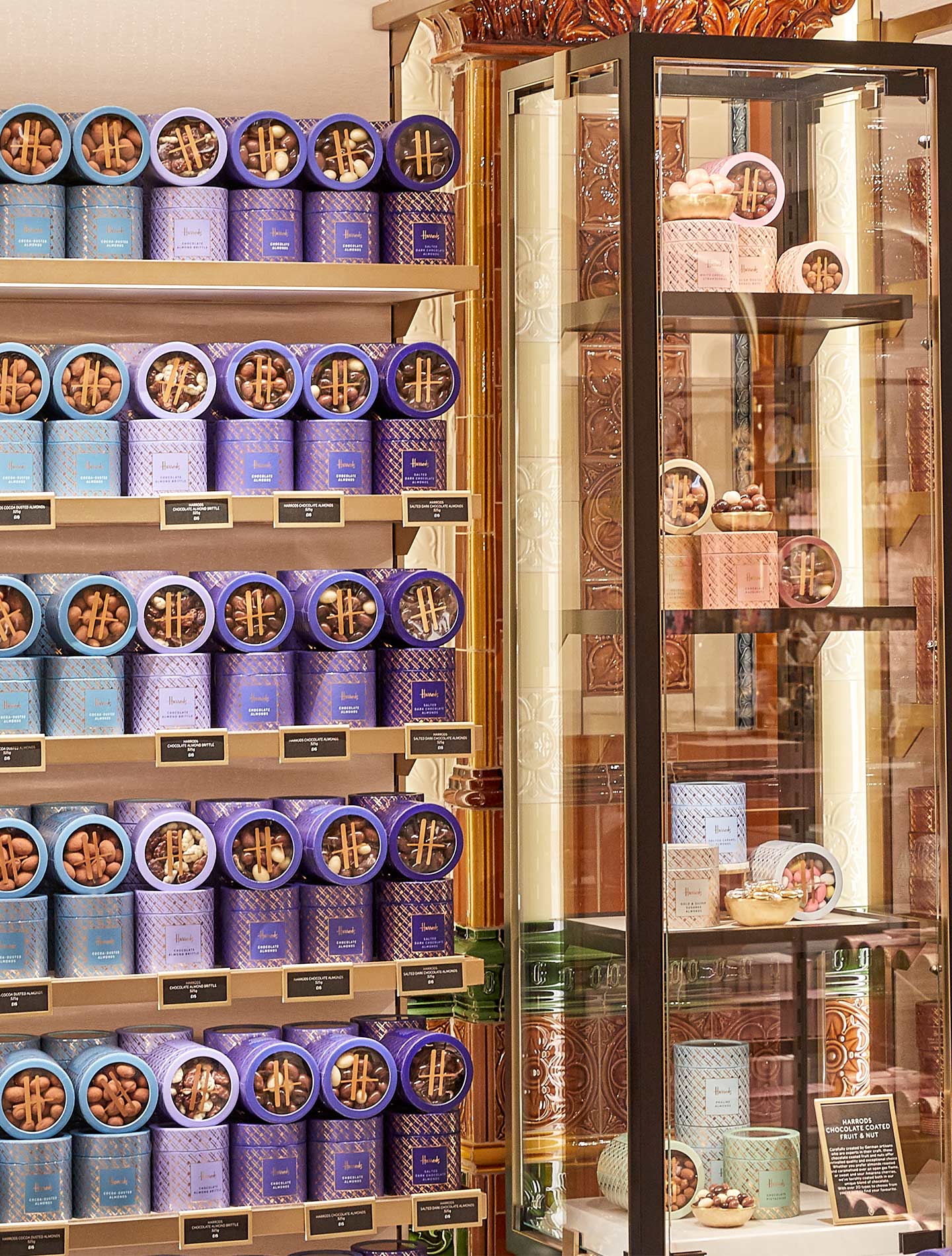 Chocolate boxes lining the walls of the Chocolate Hall