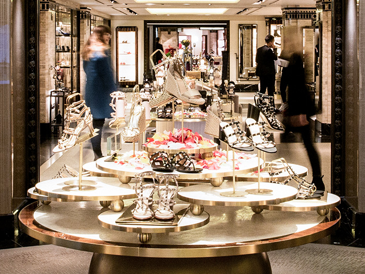 Shoppers browsing in the Harrods Shoe Heaven