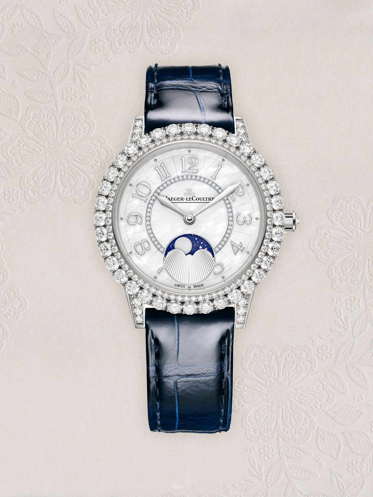 Jaeger-LeCoultre’s Rendez-Vous Dazzling Moon watch with blue strap and diamond bezel