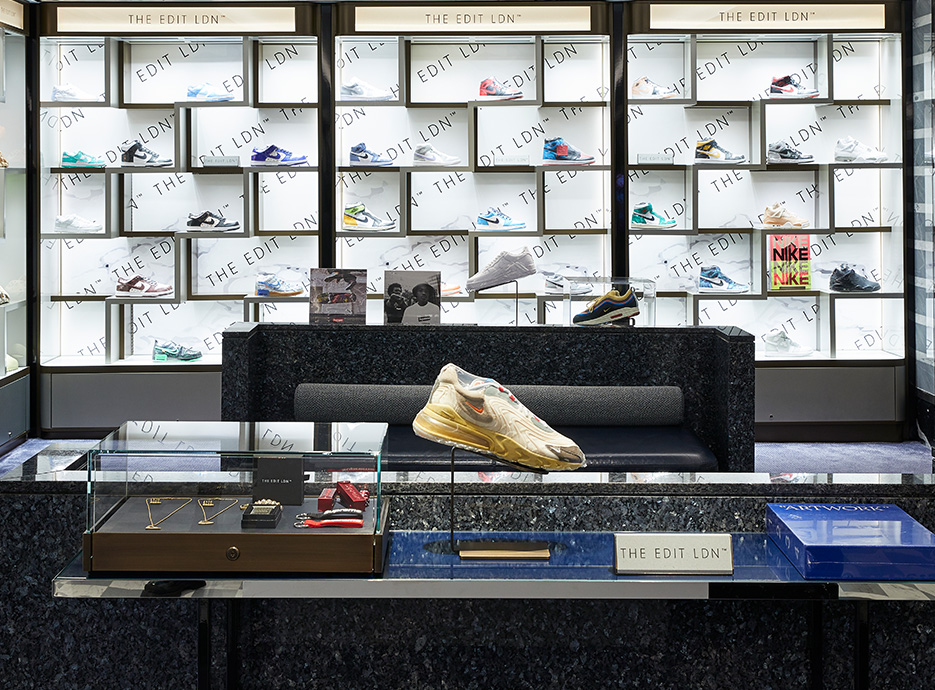 Wall of sneakers in The Edit LDN boutique in Harrods