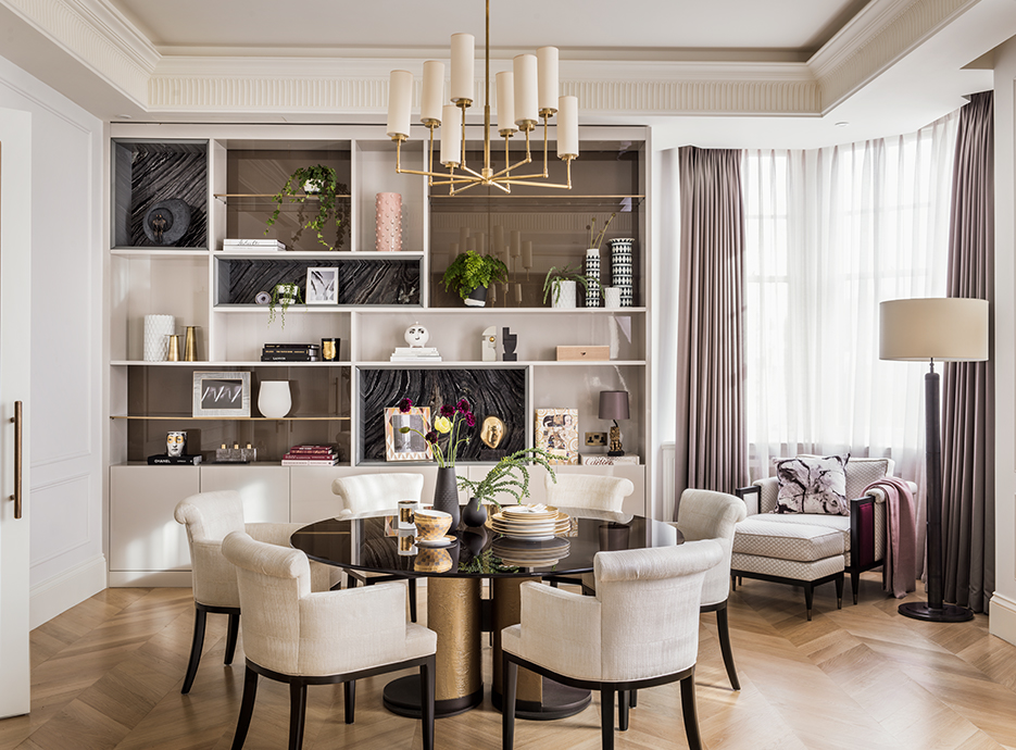 Dining room setting with large bookcase