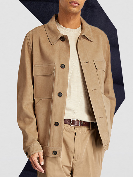 Male model wears beige suede shirt jacket