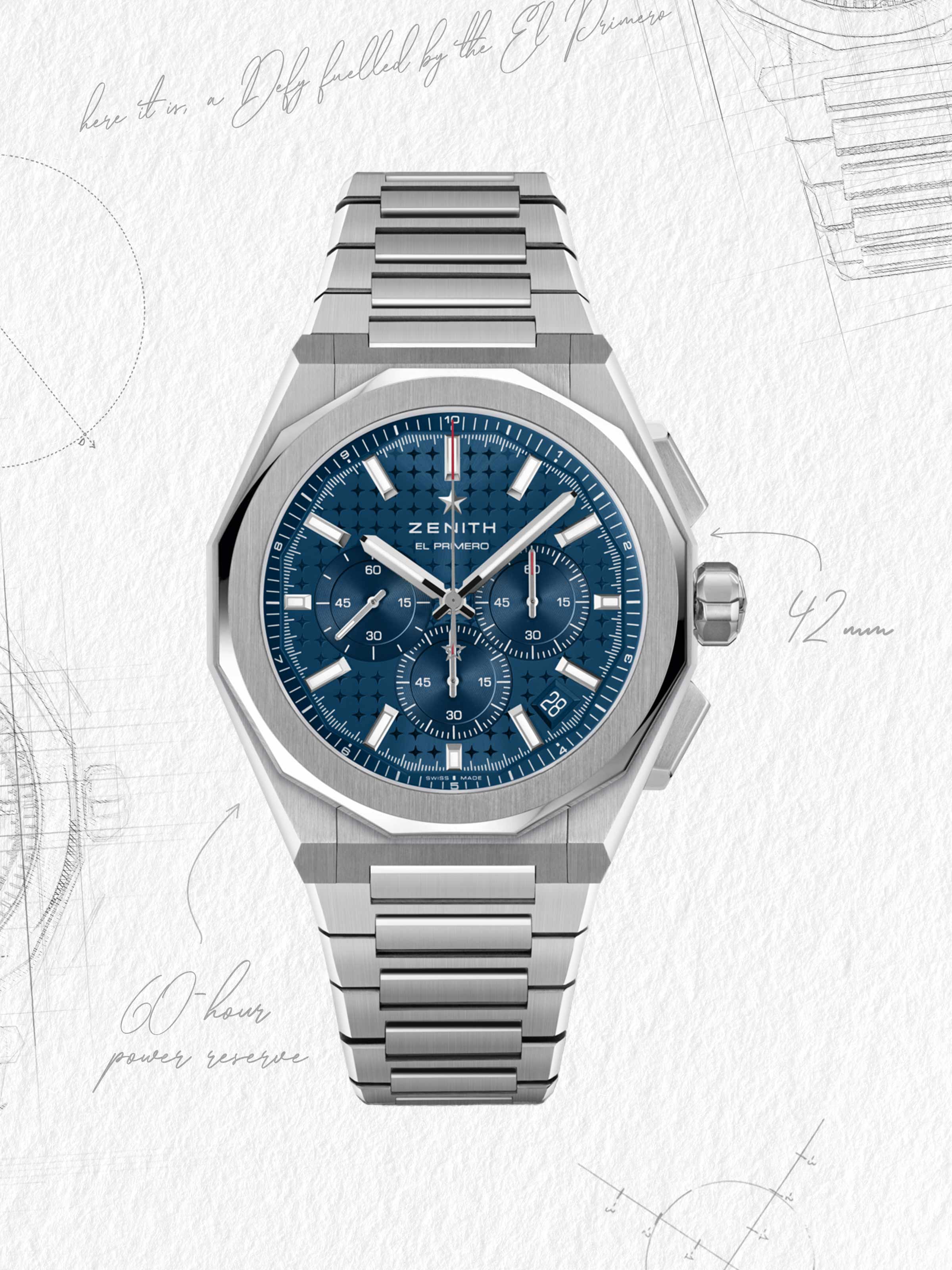 Sketch of Zenith Defy Skyline Chronograph with blue dial and steel bracelet strap