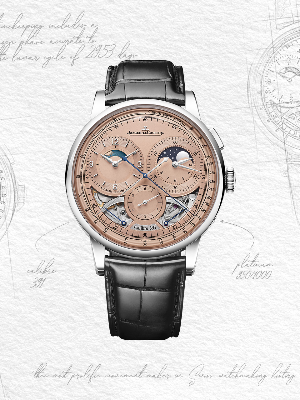 Sketch of Jaeger-LeCoultre Duometre Chronograph Moon with salmon dial and black leather strap