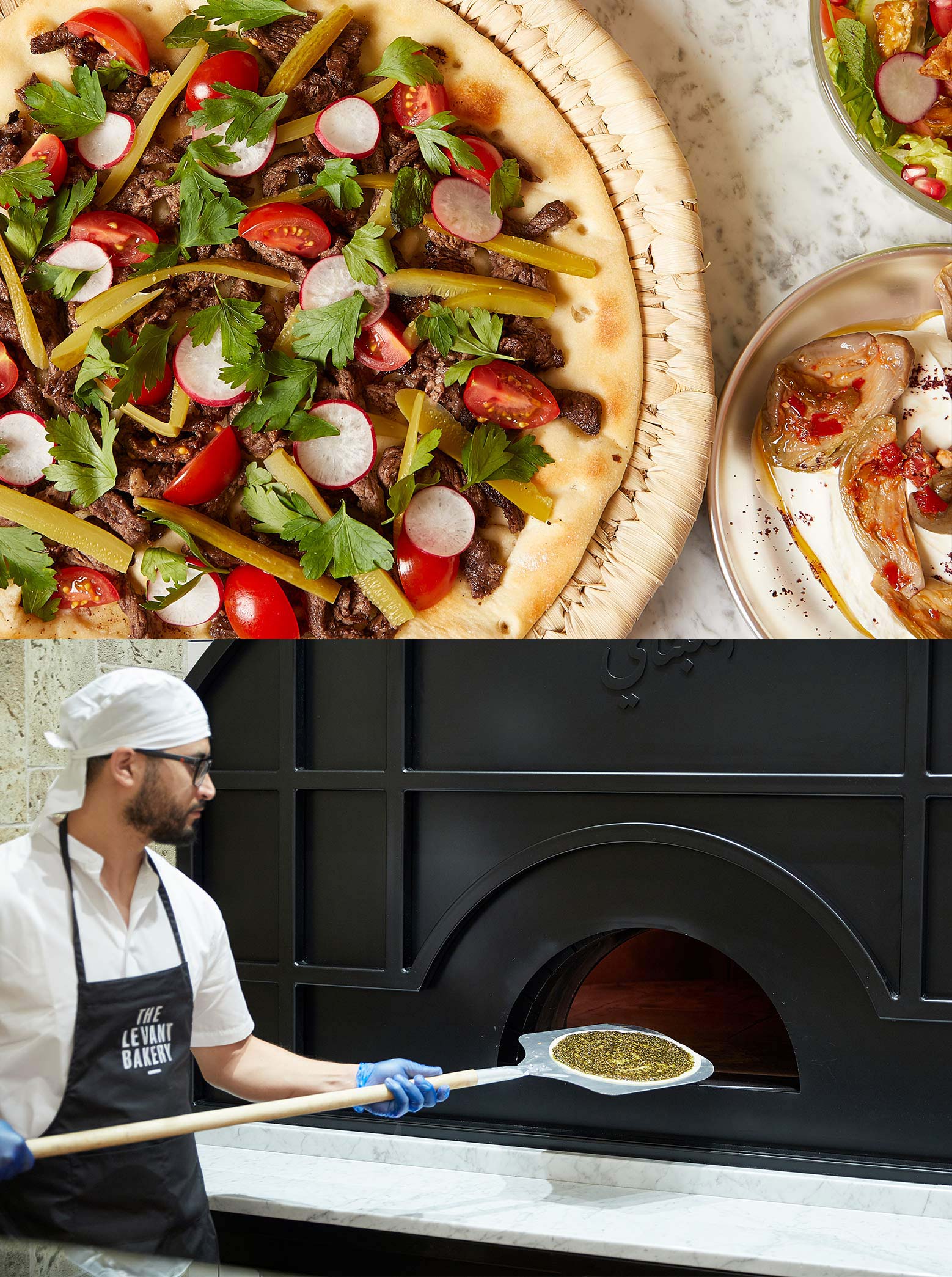 Food and chef cooking flatbread in wood-fired oven