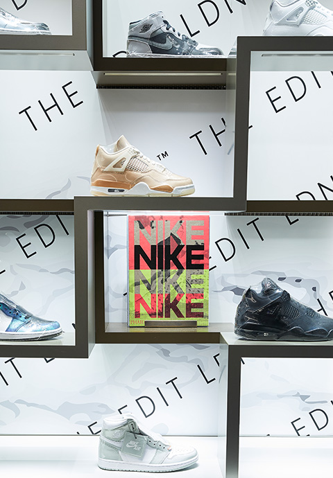 Wall of sneakers in The Edit LDN boutique in Harrods