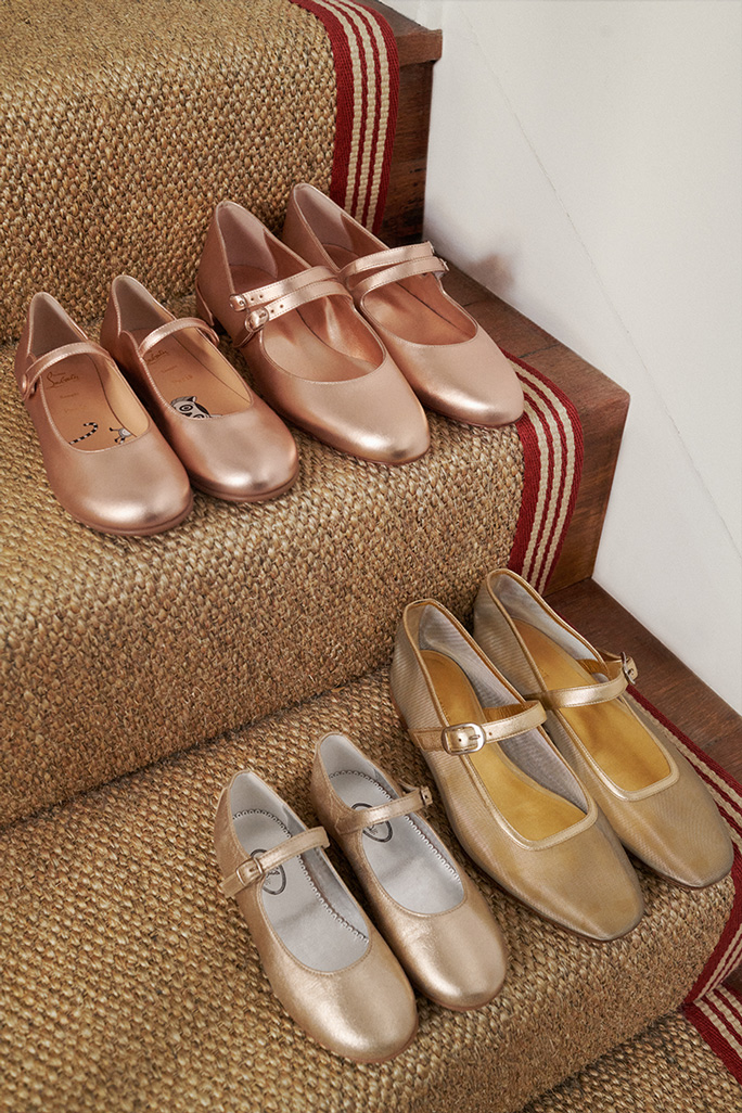 Row of metallic ballet flat shoes for mum and daughter on stairs