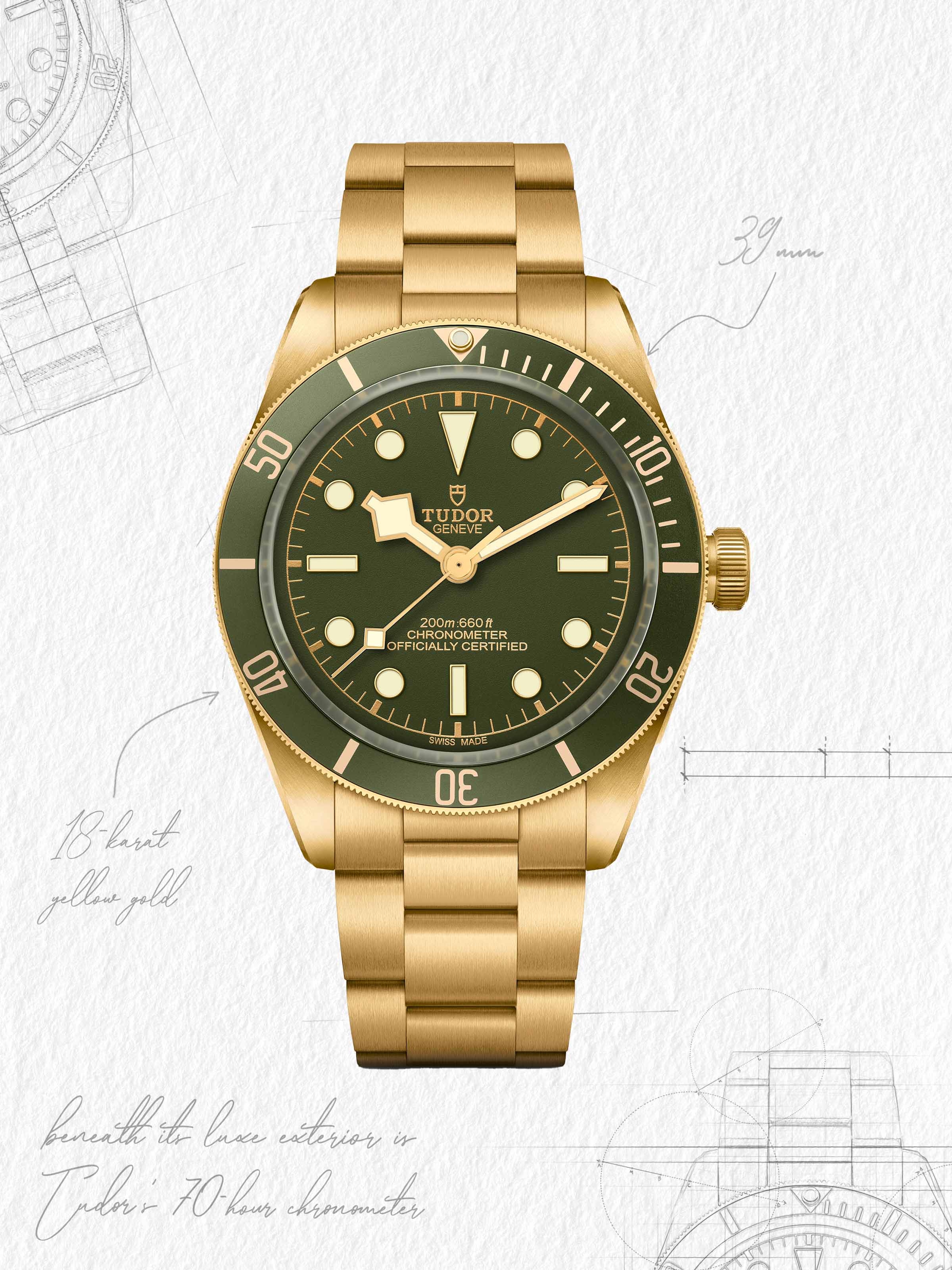 Sketch of Tudor Black Bay 58 with green dial in 18-karat yellow gold