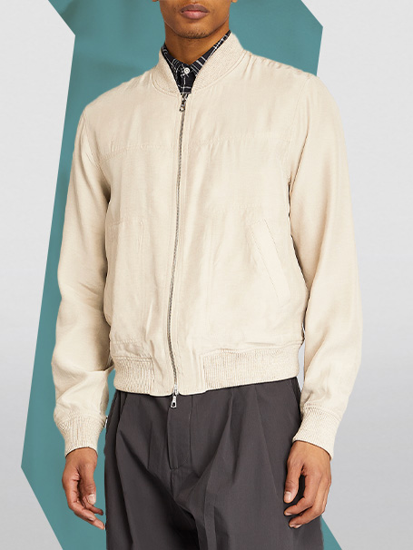 Male model wears beige bomber jacket