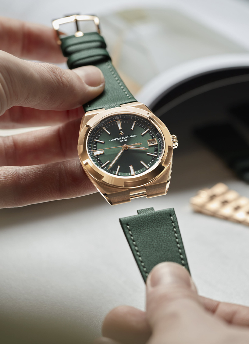 Vacheron Constantin Overseas with green leather strap and green sunburst dial