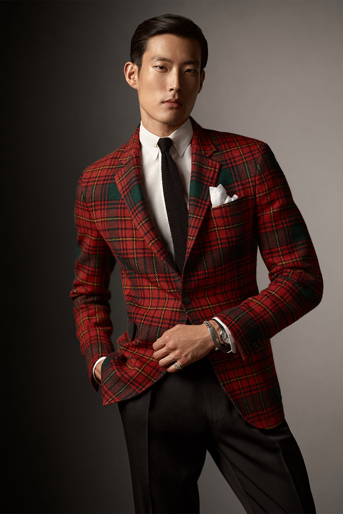 Man in red tartan dinner jacket