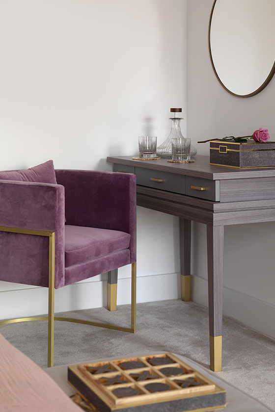 Writing table with purple and gold chair