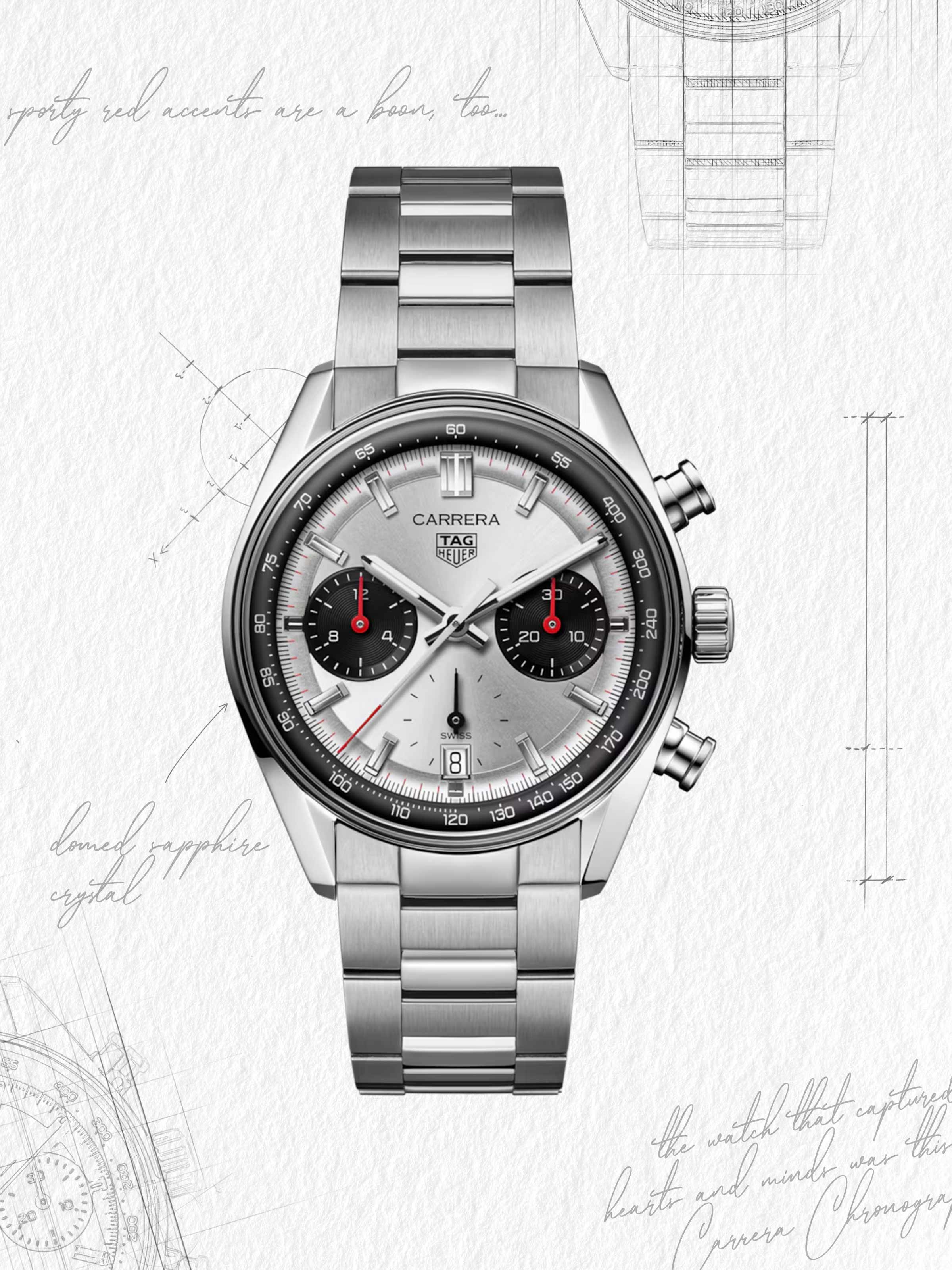 Sketch of TAG Heuer Carrera Chronograph in steel with red and black 'Panda' dial accents