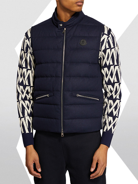 Male model wears navy gilet