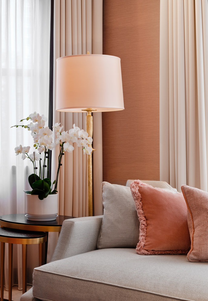 The Residence sofa lamp and curtains