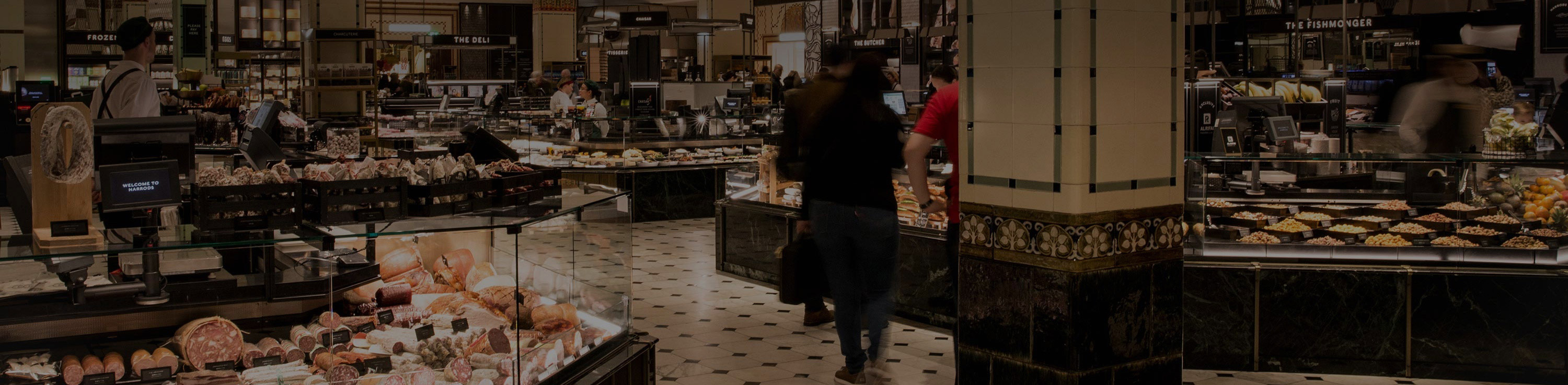 Shot of the Fresh Market Hall showing the fish counter, deli, juices and butcher