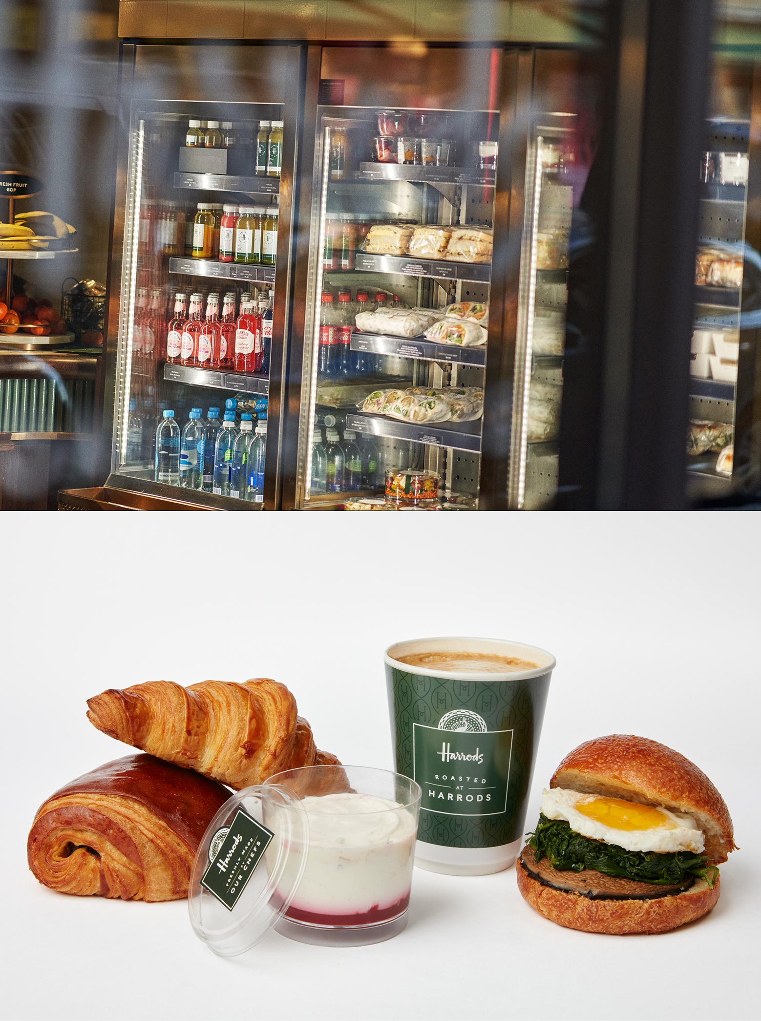 Harrods Roast & Bake fridges and food selection with coffee, croissant and yoghurt