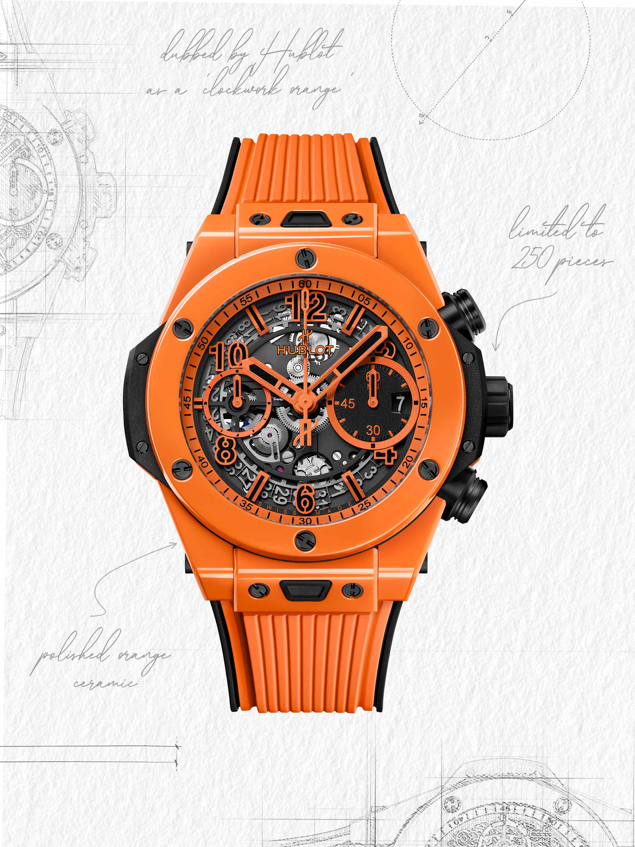 Sketch of Hublot Big Bang Unico Chronograph with bright orange dial and strap